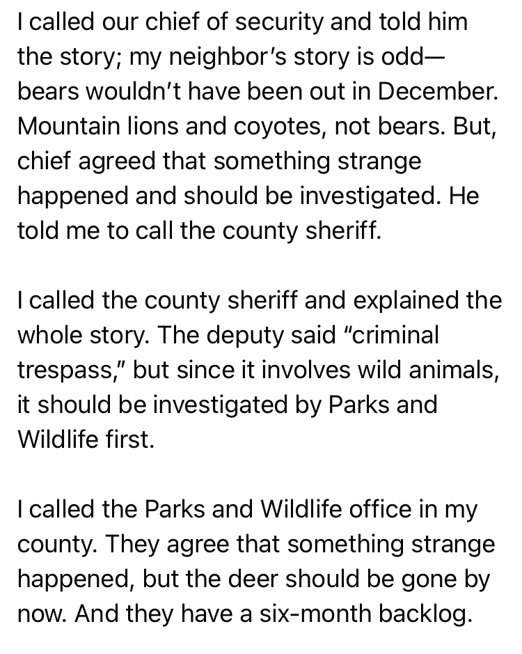 I called our chief of security and told him the story; my neighbor’s story is odd—bears wouldn’t have been out in December. Mountain lions and coyotes, not bears. But, chief agreed that something strange happened and should be investigated. He told me to call the county sheriff.  I called the county sheriff and explained the whole story. The deputy said “criminal trespass,” but since it involves wild animals, it should be investigated by Parks and Wildlife first.  I called the Parks and Wildlife office in my county. They agree that something strange happened, but the deer should be gone by now. And they have a six-month backlog. 